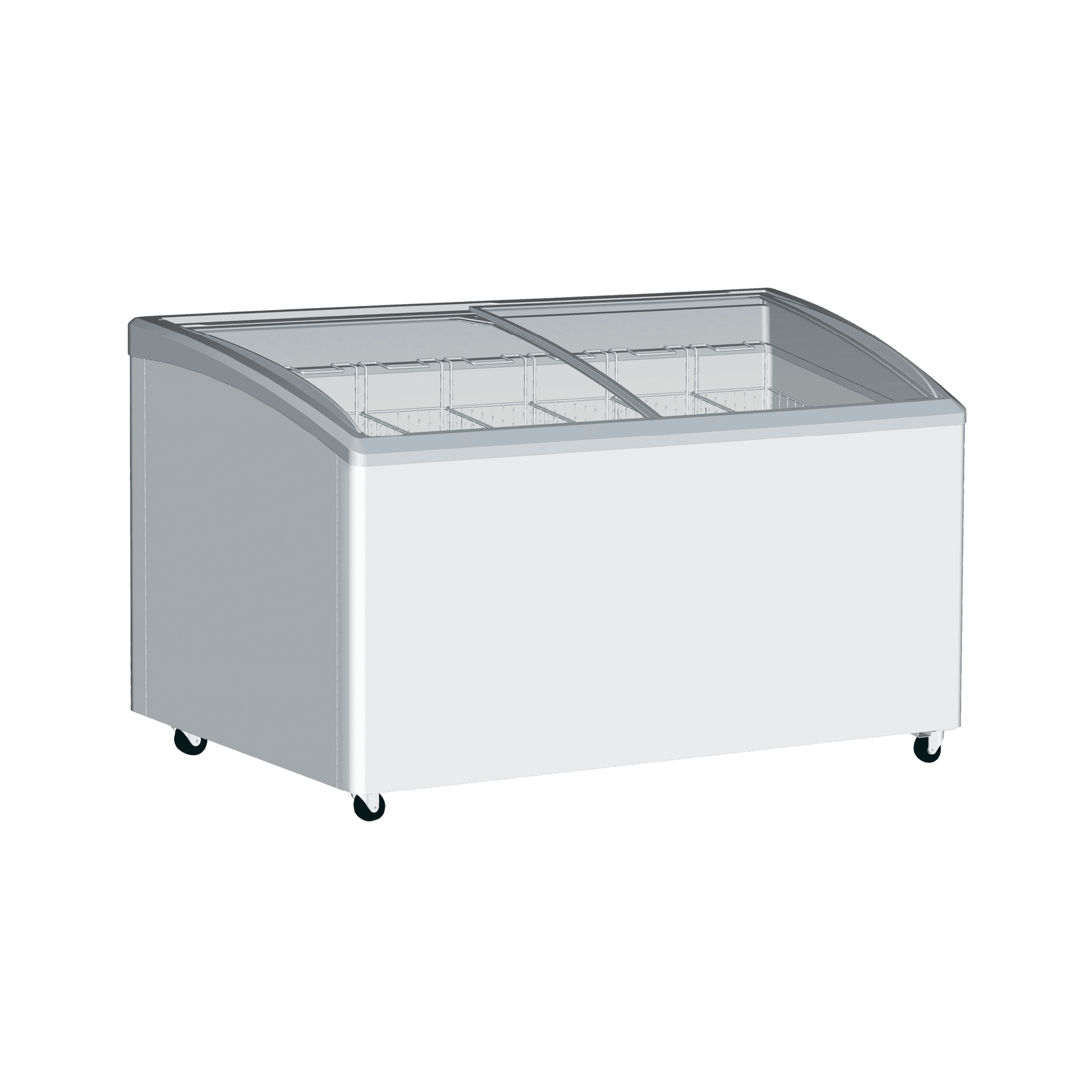 White curved glass display chest freezer with seven wire baskets and caster wheels.