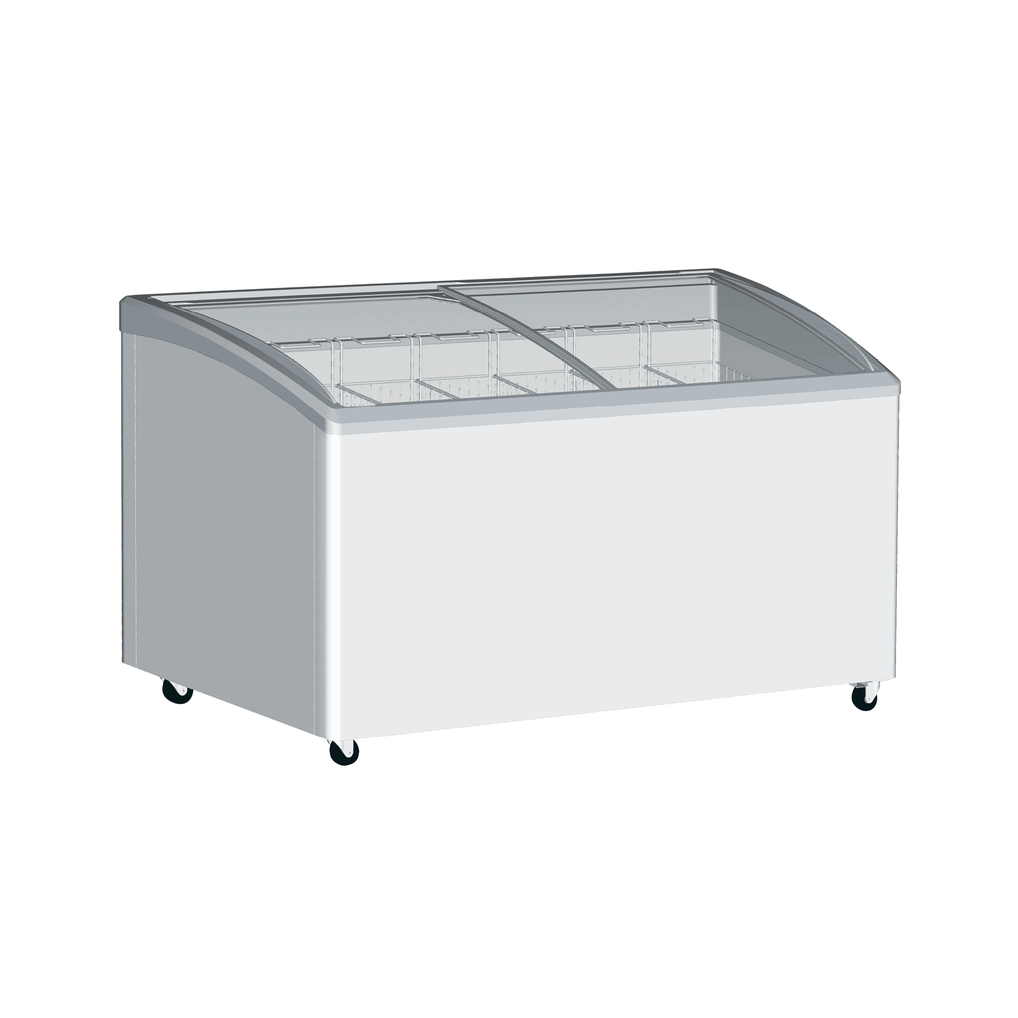 White curved glass display chest freezer with seven wire baskets and caster wheels.
