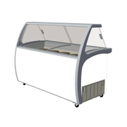 White and gray twelve-tub ice cream scooping freezer with glass display and bottom storage door.