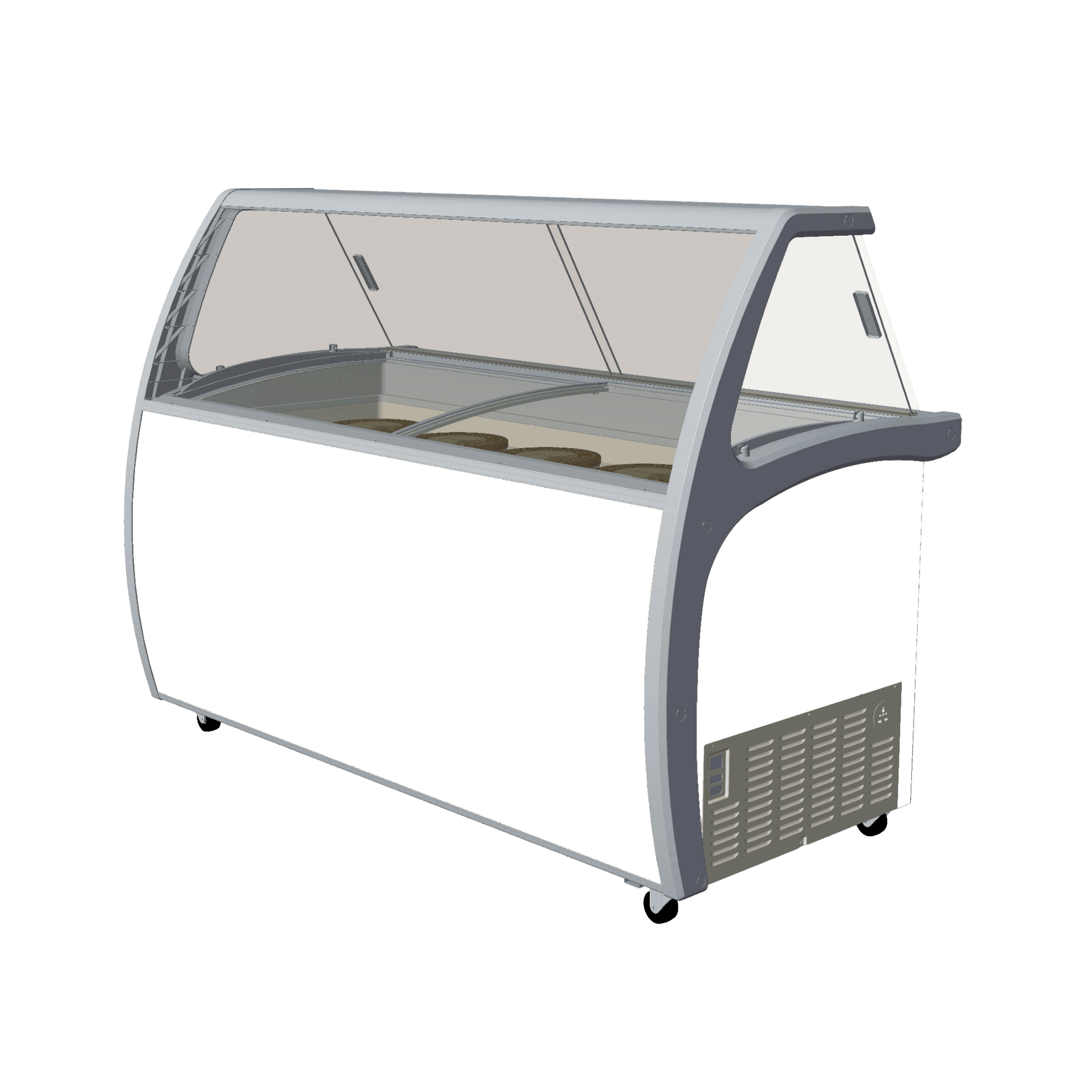 White and gray twelve-tub ice cream scooping freezer with glass display and bottom storage door.