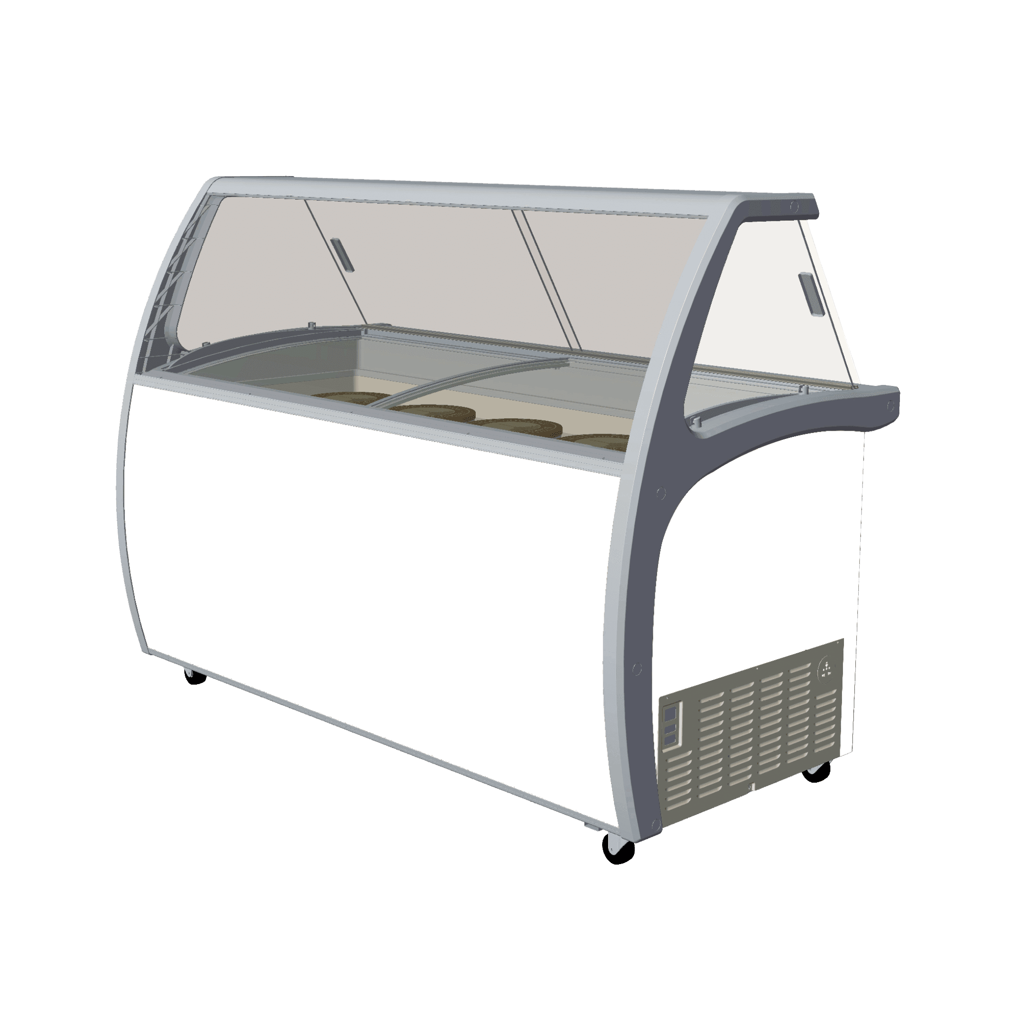 White and gray twelve-tub ice cream scooping freezer with glass display and bottom storage door.