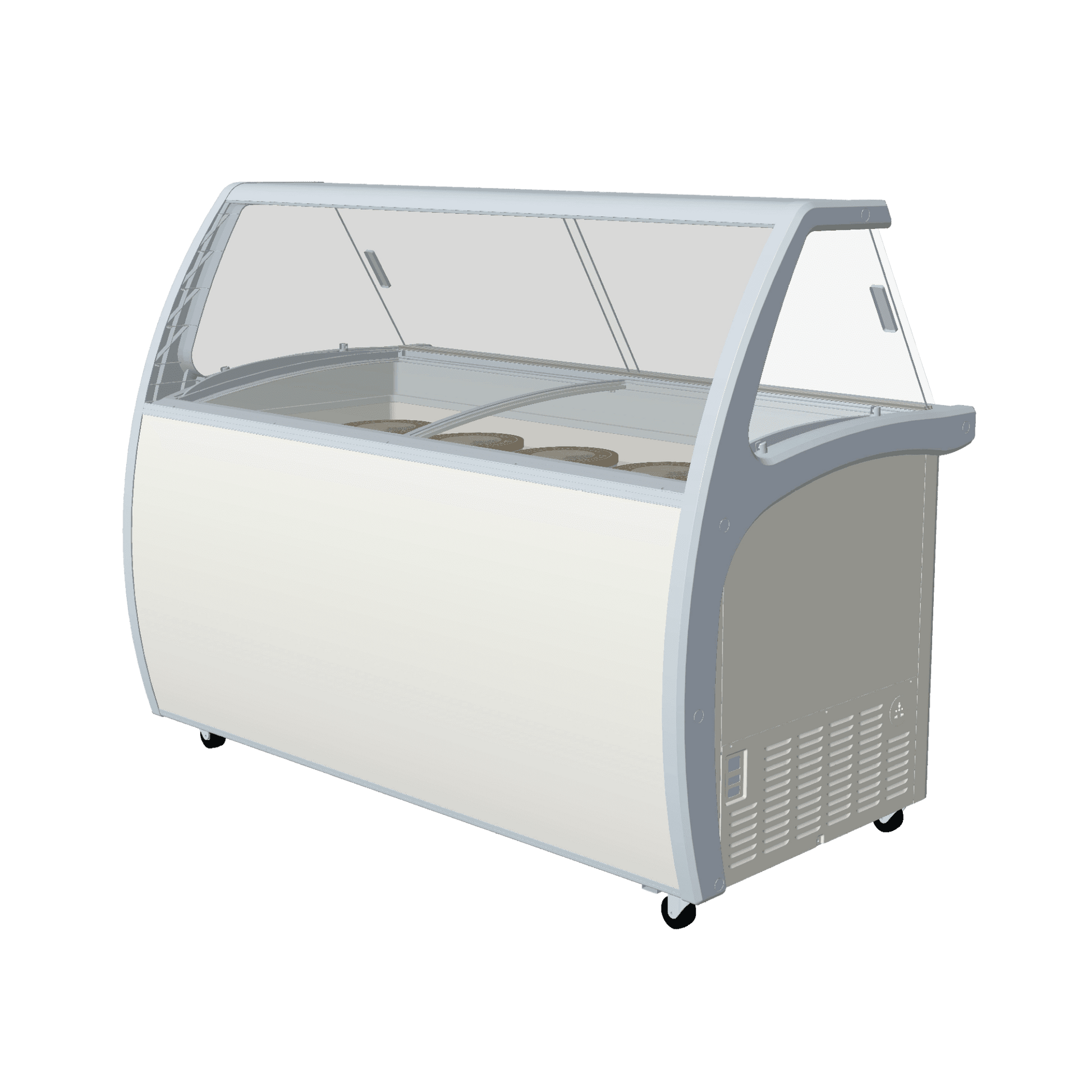 White twelve-tub ice cream scooping freezer with curved glass display and bottom storage door.