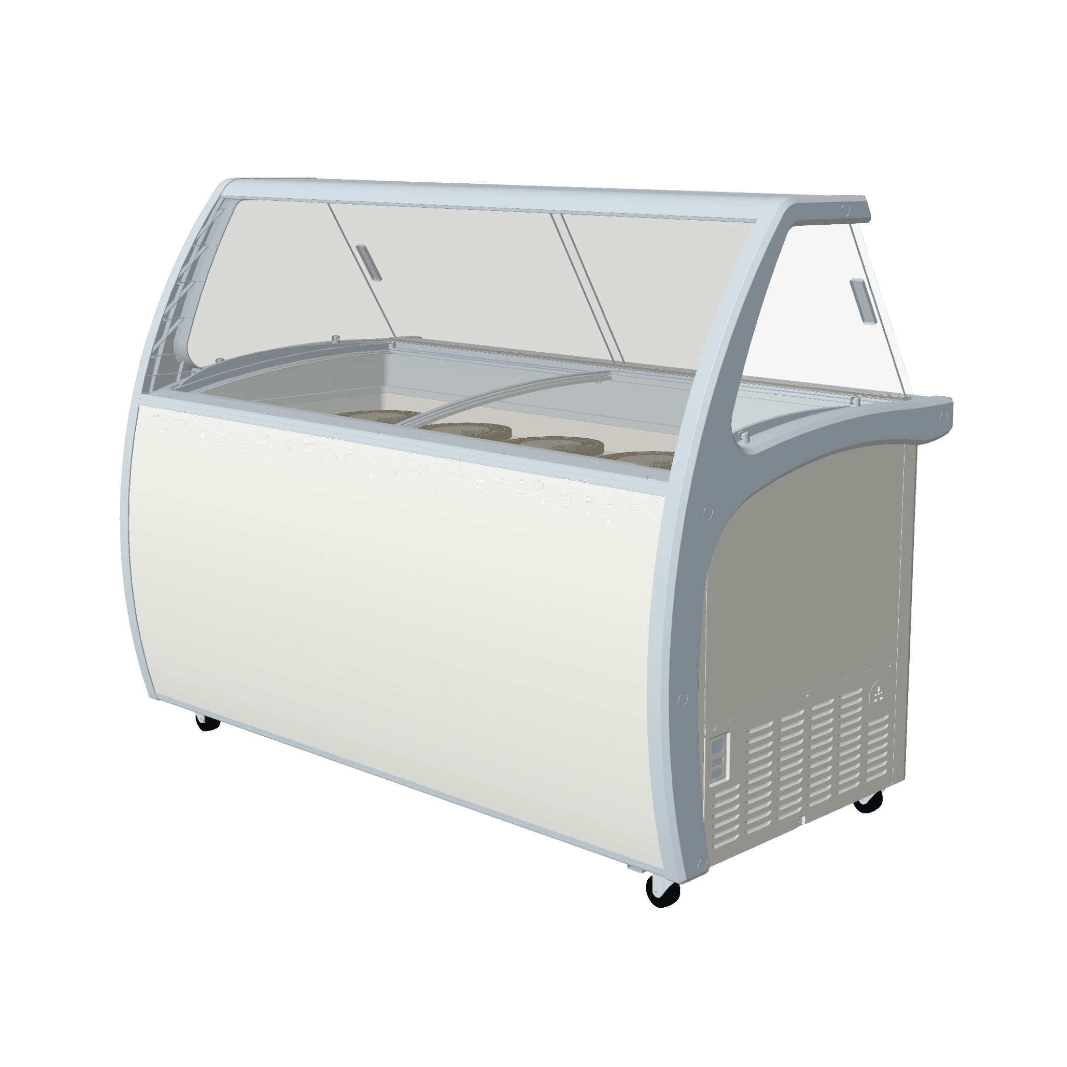 White twelve-tub ice cream scooping freezer with curved glass display and bottom storage door.