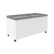 White chest freezer with flat sliding glass top and caster wheels for mobility.
