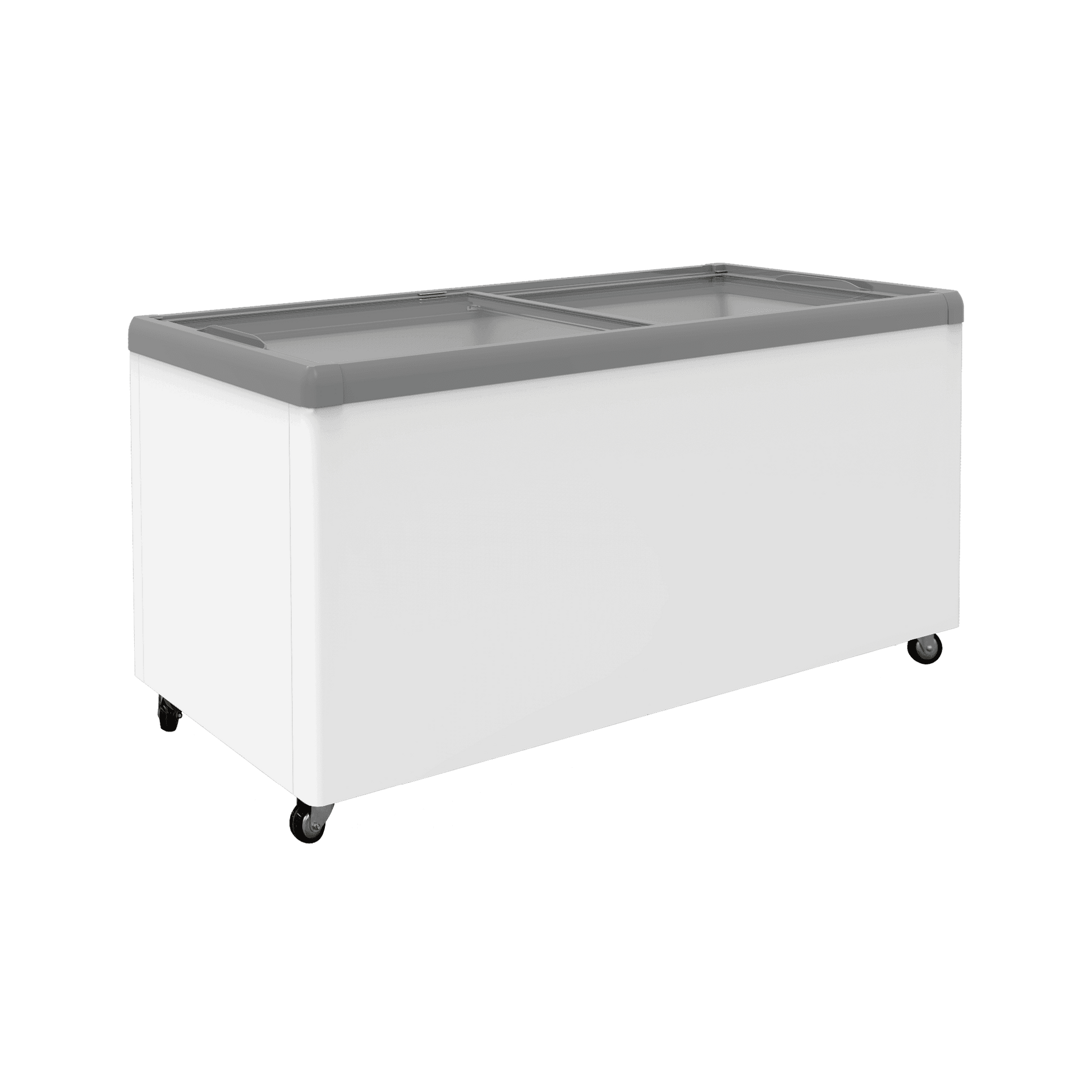 White chest freezer with flat sliding glass top and caster wheels for mobility.