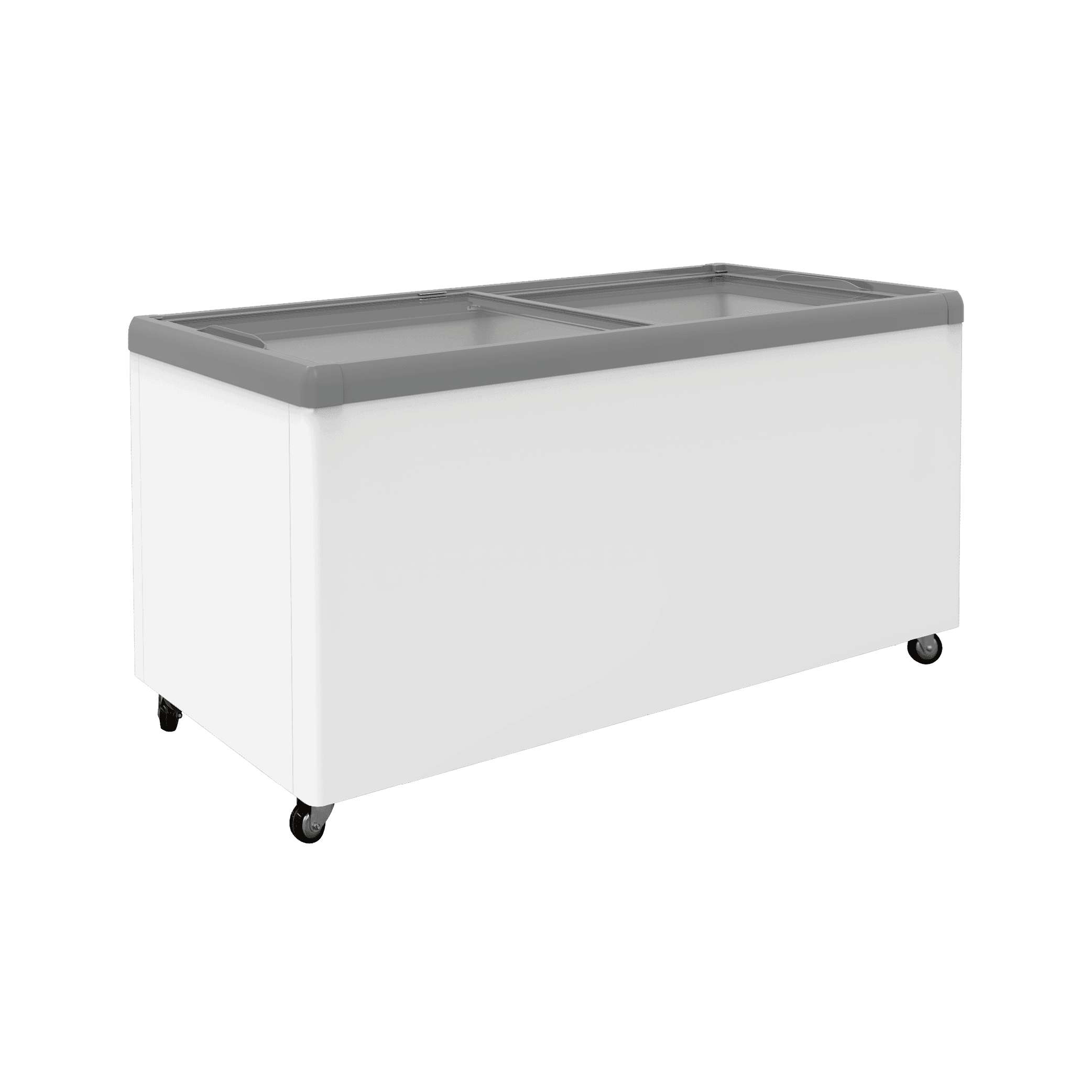 White chest freezer with flat sliding glass top and caster wheels for mobility.