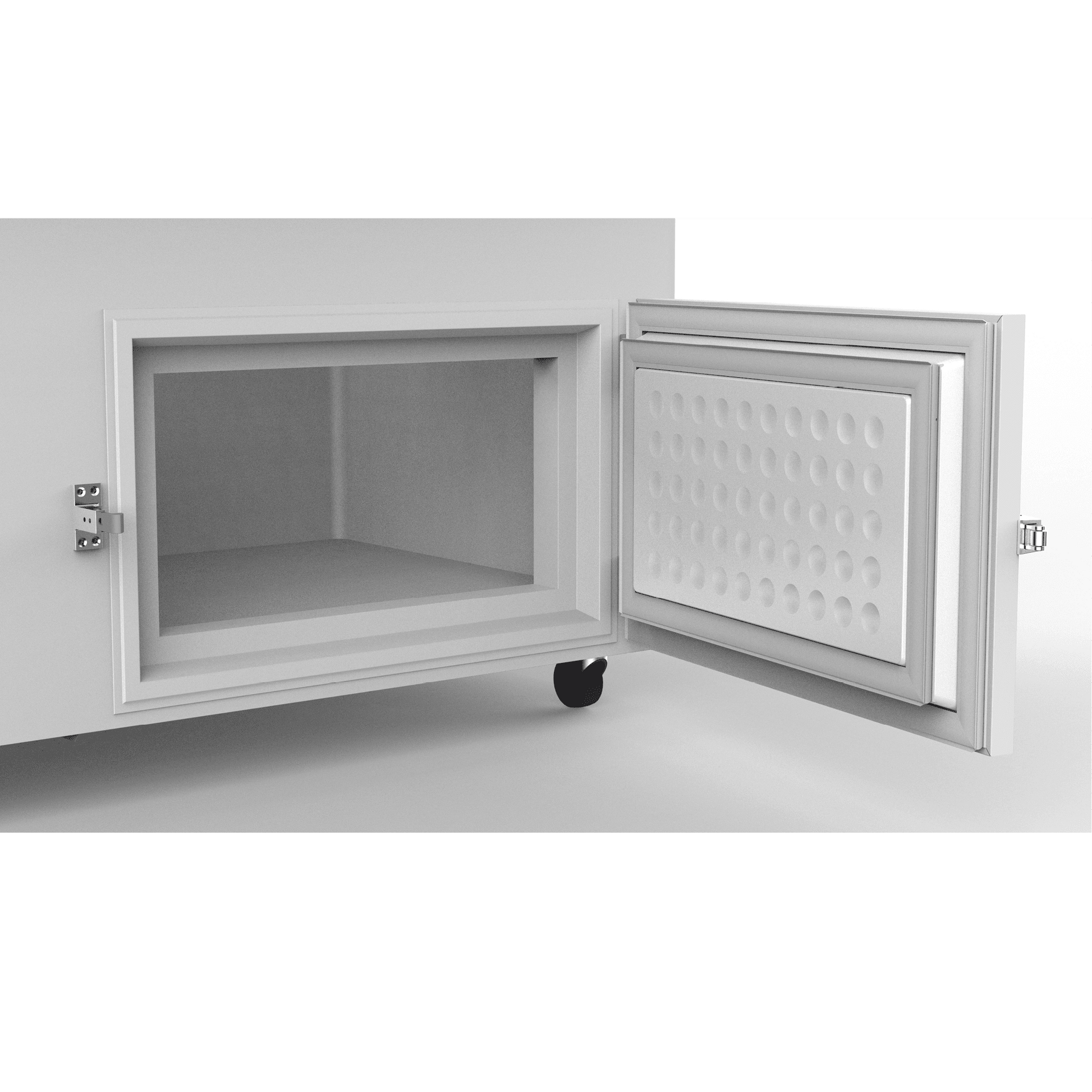 White painted steel freezer compartment with insulated door and textured interior panel, mounted on caster wheels.