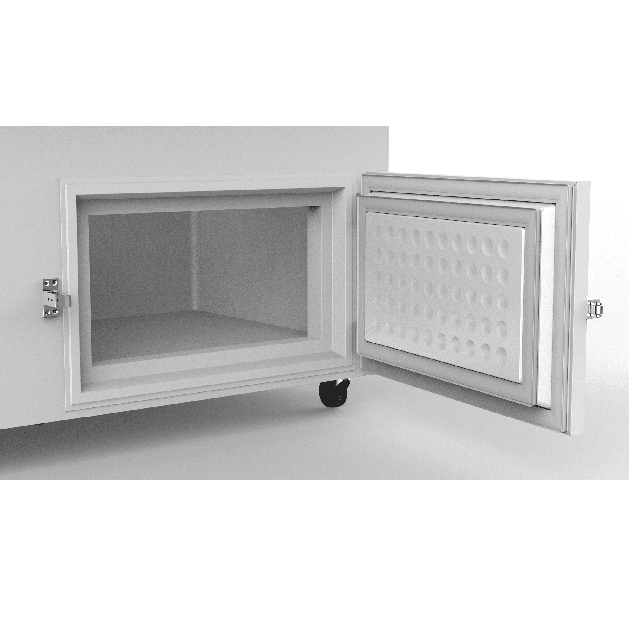 White rectangular painted steel freezer with open insulated door and interior storage space on caster wheels.
