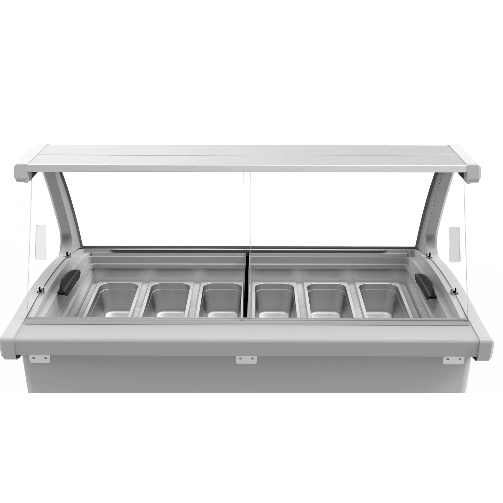 White steel and glass ice cream scooping freezer with nine metal tubs and transparent hinged lid.