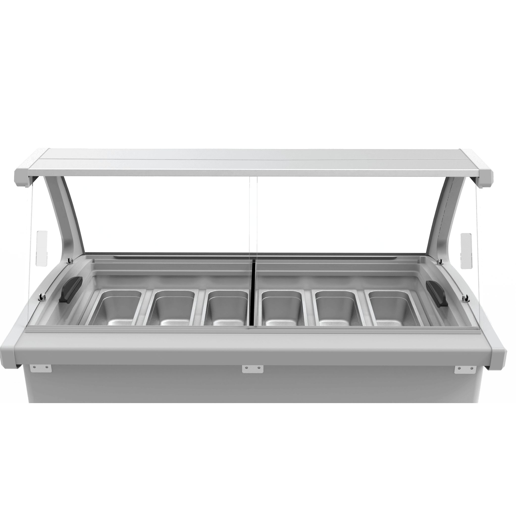 White steel and glass ice cream scooping freezer with nine metal tubs and transparent hinged lid.