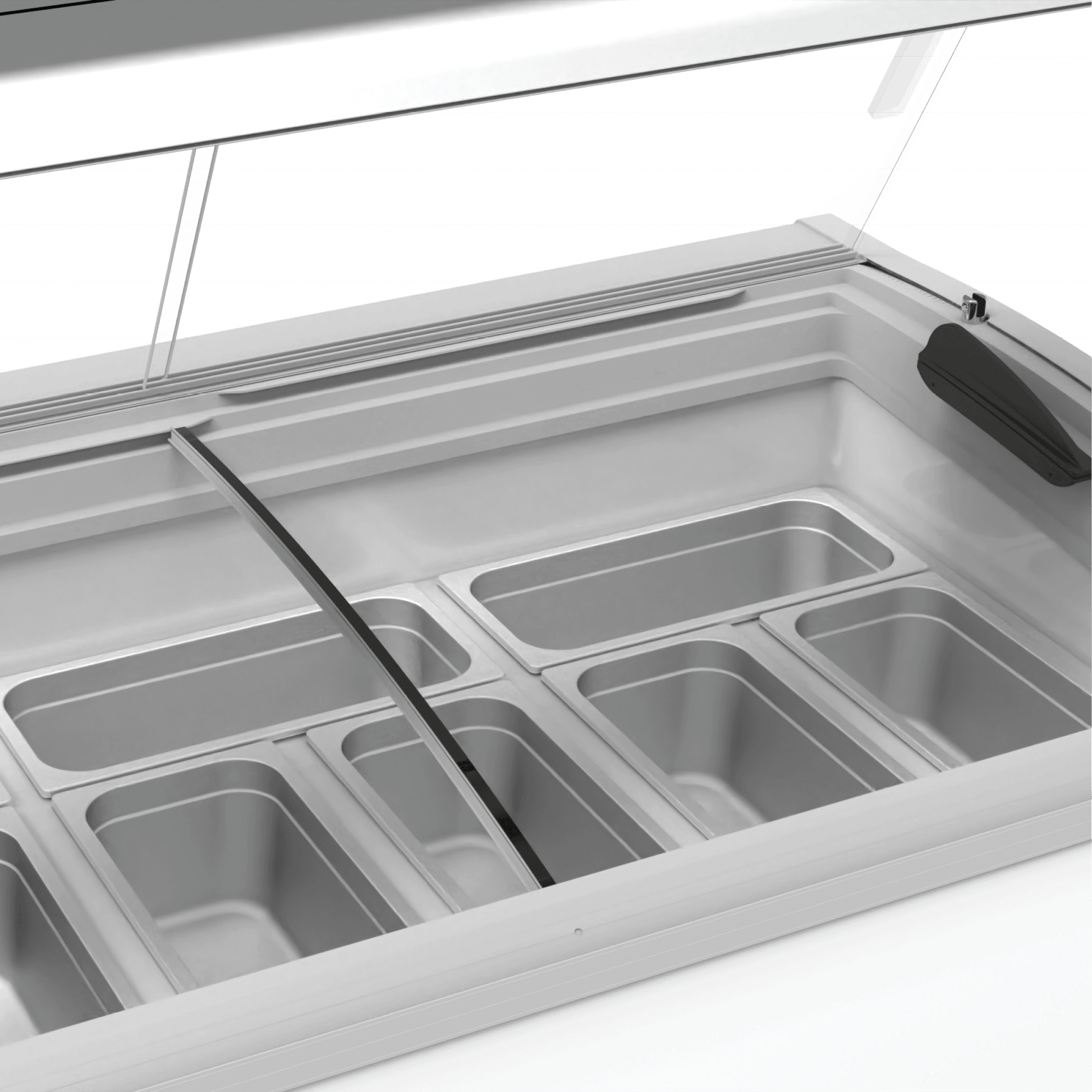 White steel and glass ice cream freezer with nine rectangular tubs and a built-in scoop washer.