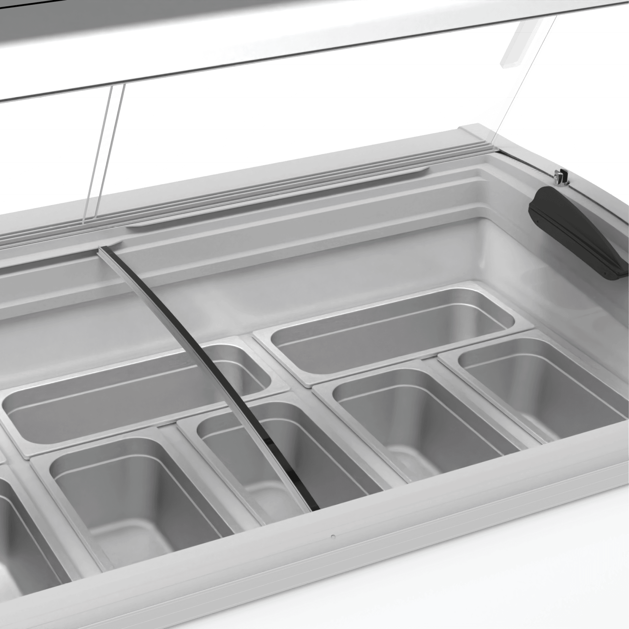 White steel and glass ice cream freezer with nine rectangular tubs and a built-in scoop washer.