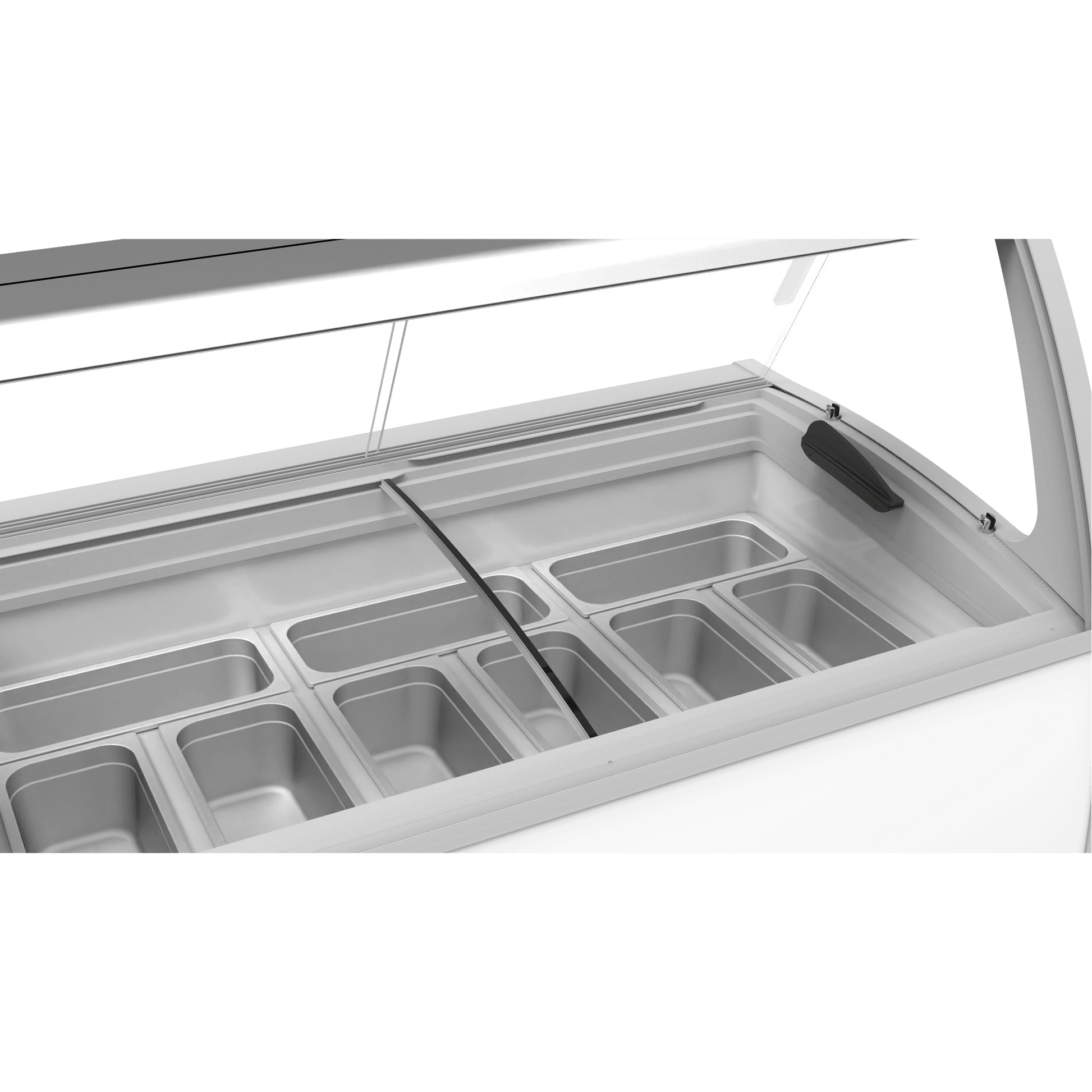 White painted steel ice cream freezer with glass top, nine rectangular tubs, and a bottom storage door.