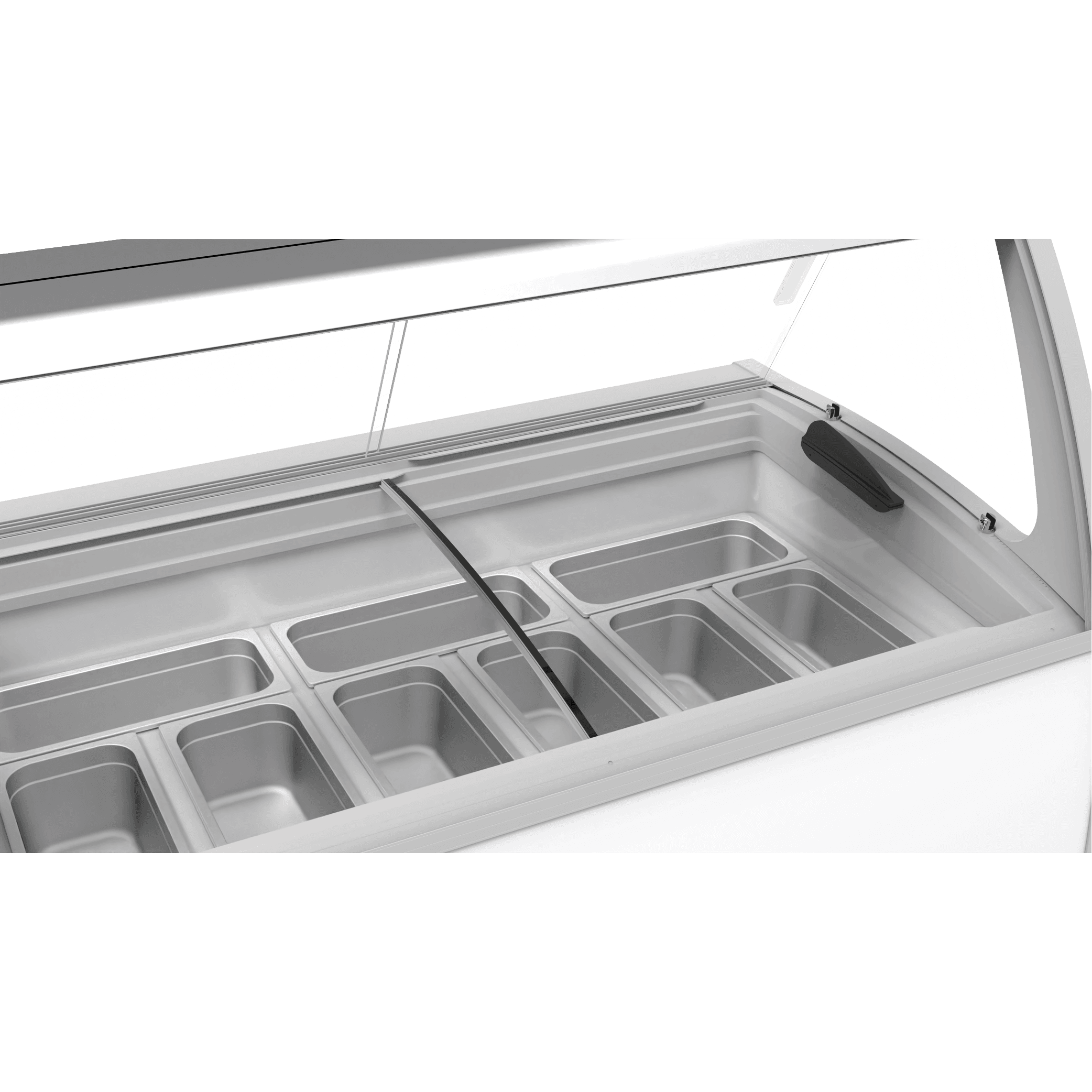 White painted steel ice cream freezer with glass top, nine rectangular tubs, and a bottom storage door.