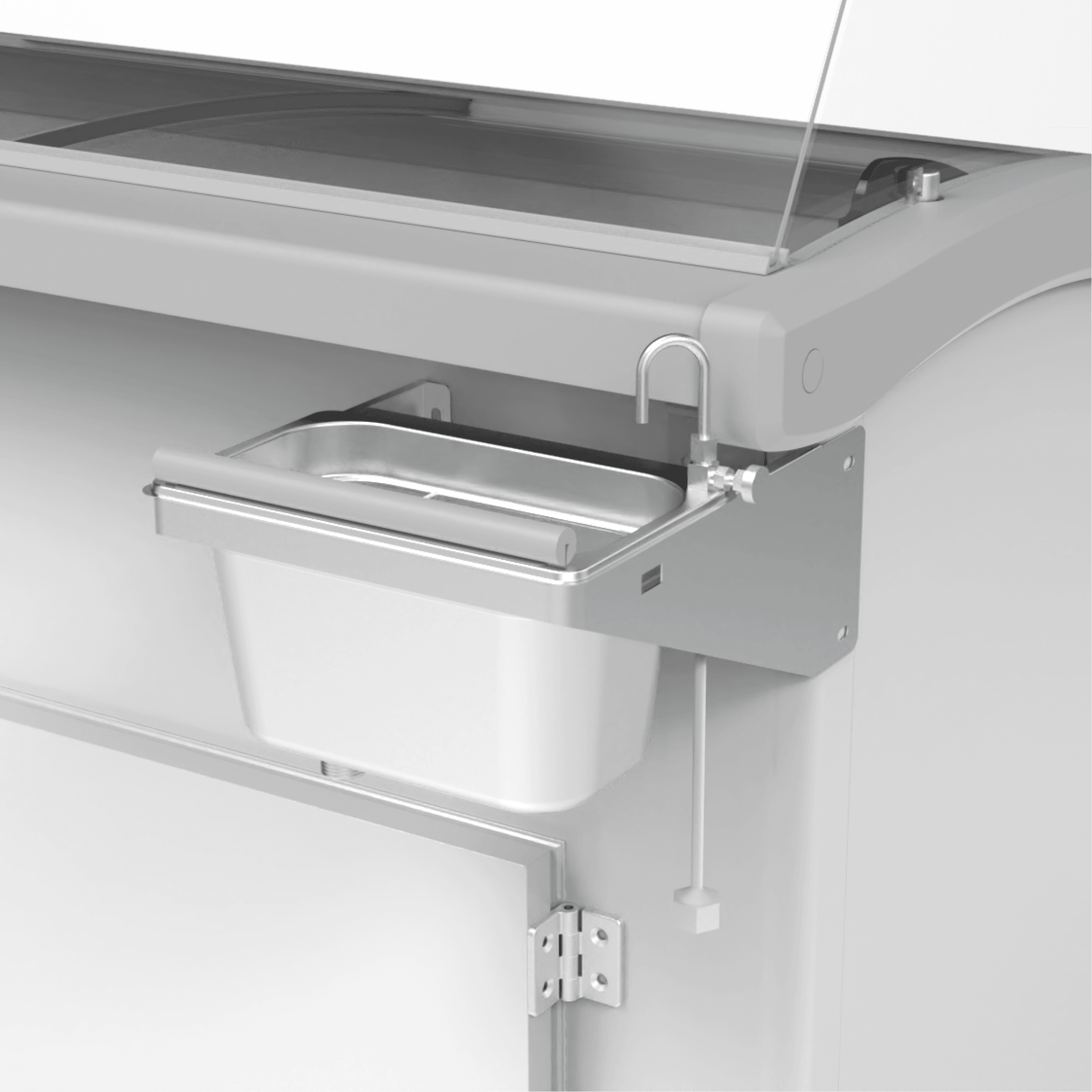 White painted steel ice cream scooping freezer with six tub compartments, glass sneeze guard, and attached metal scoop.
