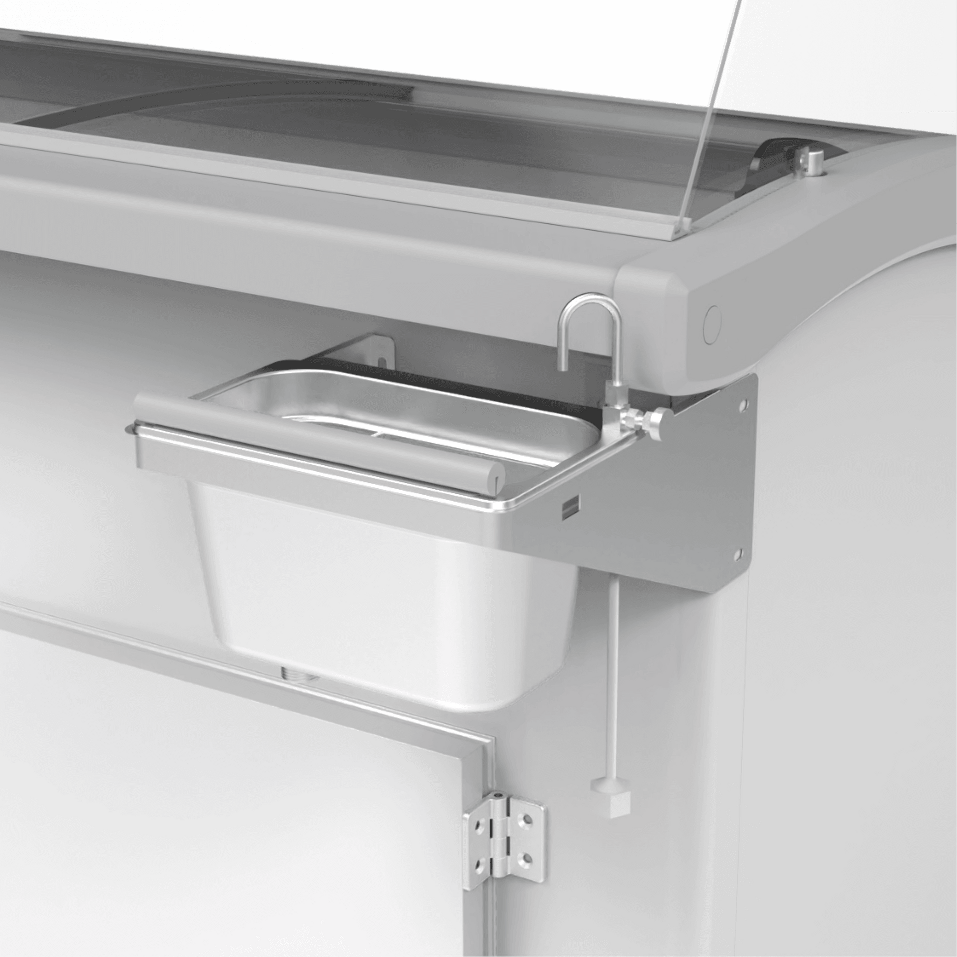 White painted steel ice cream scooping freezer with glass sneeze guard and attached stainless steel scoop washer tray.