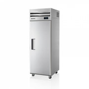 Stainless steel Skipio upright single solid door freezer with top-mounted control panel and caster wheels.