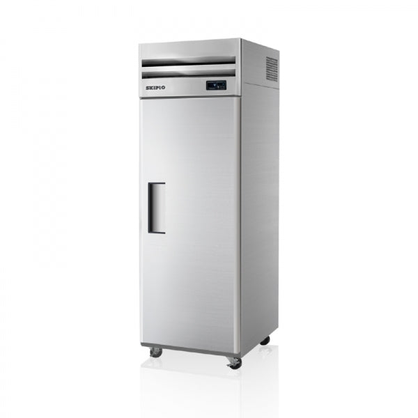 Stainless steel Skipio upright single solid door freezer with top-mounted control panel and caster wheels.