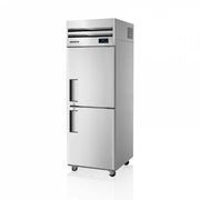 Silver upright freezer with two solid doors and black handles on caster wheels.