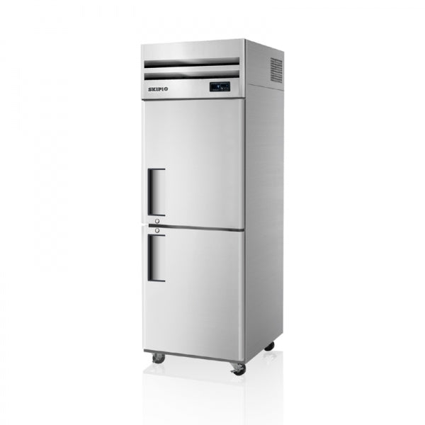 Silver upright freezer with two solid doors and black handles on caster wheels.
