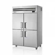 Stainless steel commercial upright freezer with four solid top-mount doors and recessed handles.