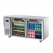 Stainless steel under counter fridge with two glass doors, stocked with soft drinks and water bottles.