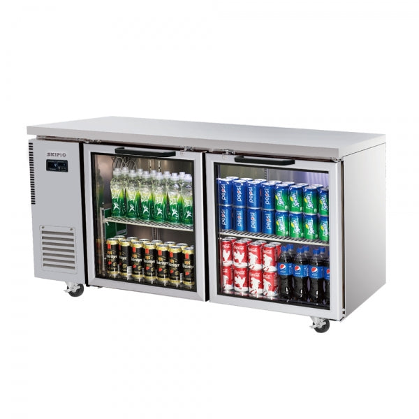 Stainless steel under counter fridge with two glass doors, stocked with soft drinks and water bottles.