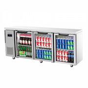 Skipio SGR18-3 under counter fridge with three glass doors, stainless steel frame, stocked with beverages.