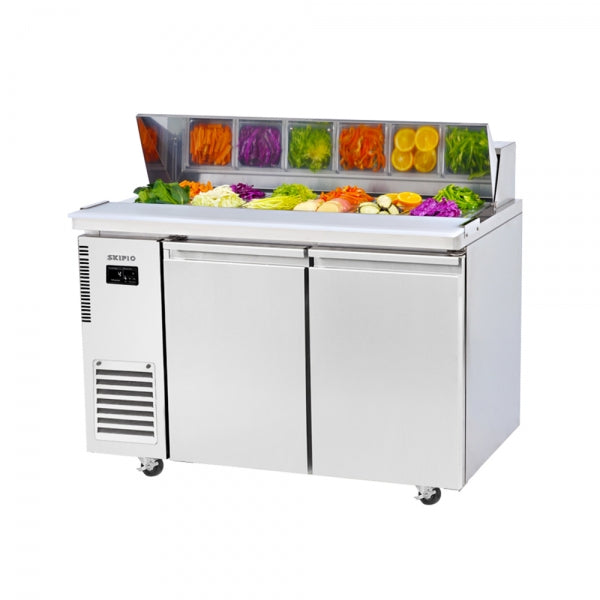 Stainless steel prep table fridge with two solid doors, hood lid, and colorful salad toppings display.