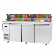 Stainless steel 3-door salad prep table fridge with clear food storage containers and hood lid.