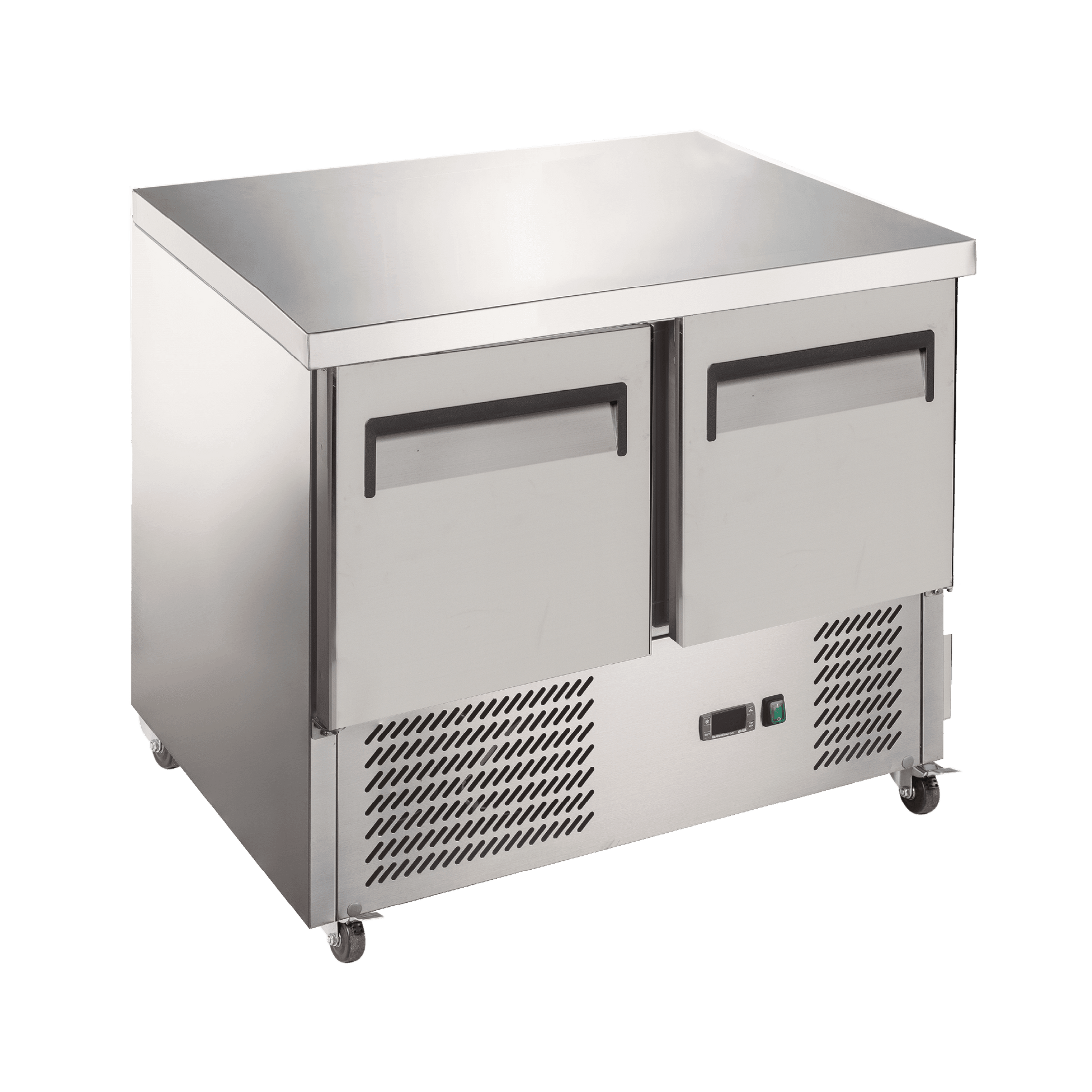 Stainless steel underbench refrigerator with two solid doors and ventilation grilles at the base.