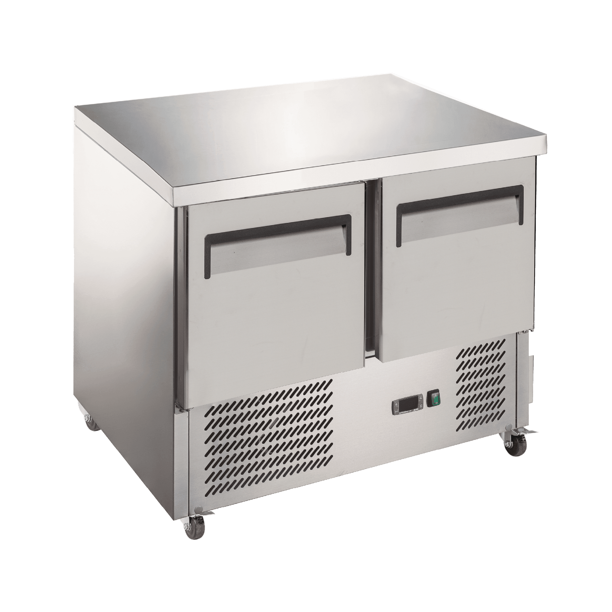 Stainless steel underbench refrigerator with two solid doors and ventilation grilles at the base.