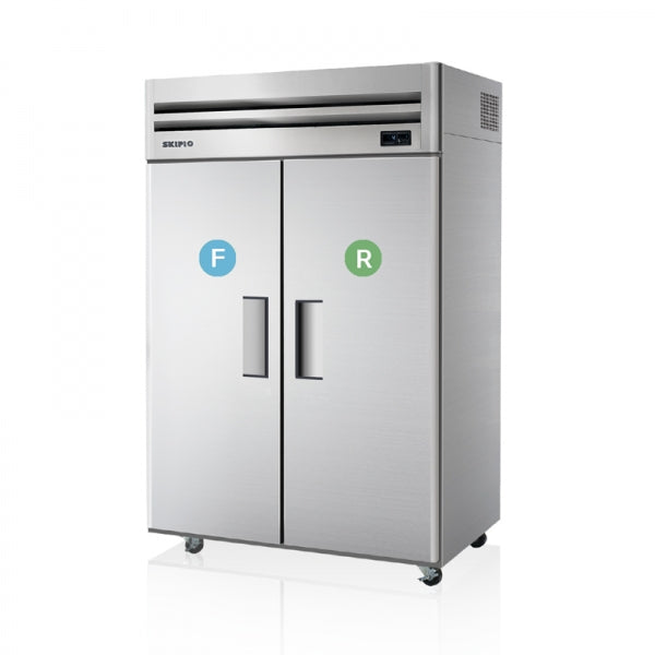 Stainless steel Skipio upright fridge-freezer with four solid doors, top mount compressor, and black handles.