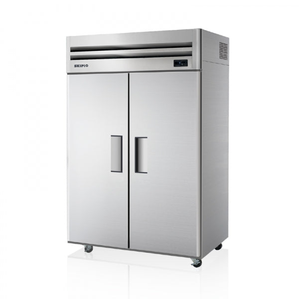 Stainless steel Skipio upright fridge with two solid doors and top-mounted control panel on caster wheels.