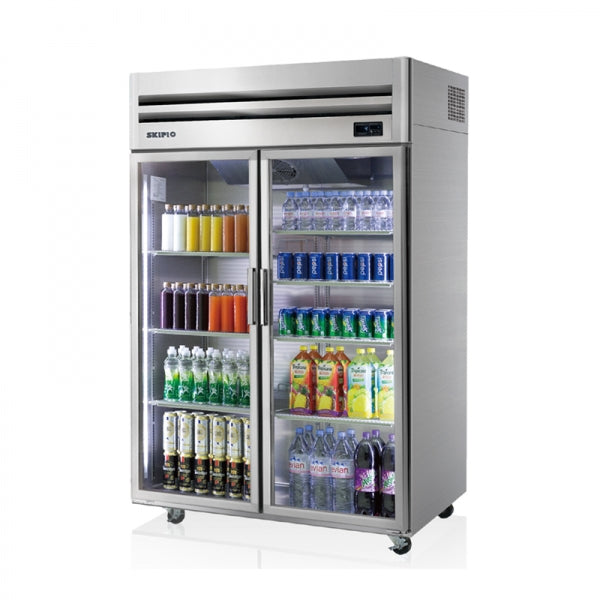 Silver upright fridge with two glass doors, stocked with assorted beverages inside.