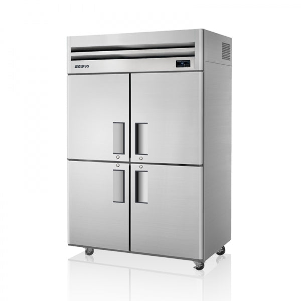 Stainless steel Skipio SRT45-4 upright fridge with four solid doors and top-mounted control panel.