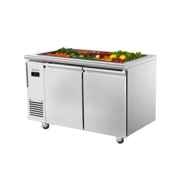 Stainless steel Skipio SSR12-2 two-door salad prep table fridge with refrigerated ingredient wells and caster wheels.