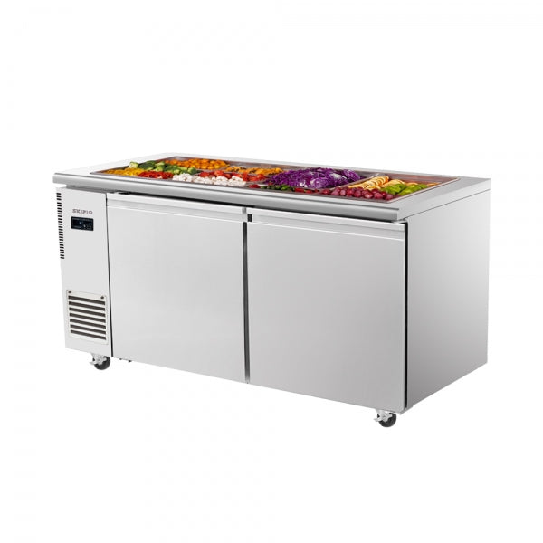 Stainless steel Skipio SSR15-2 salad prep table fridge with two solid doors and casters, topped with colorful fresh salad.