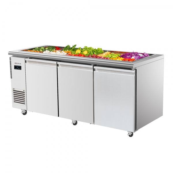 Stainless steel Skipio SSR18-3 buffet fridge with three solid doors and a refrigerated salad prep top filled with fresh.