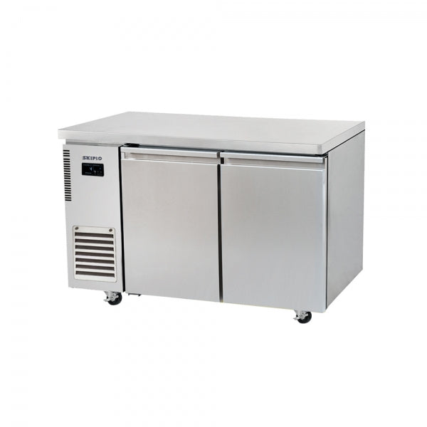 Stainless steel Skipio SUF12-2 under counter freezer with two solid doors and digital control panel.