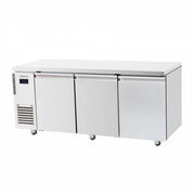 Stainless steel undercounter freezer with three solid doors and ventilation panel on the left side.