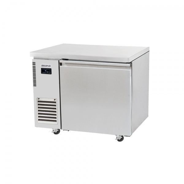 Compact stainless steel Skipio SUF9-1 under counter freezer with single solid door and caster wheels.