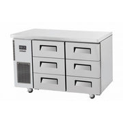 Stainless steel under counter fridge with six drawers and ventilation panel on left side.