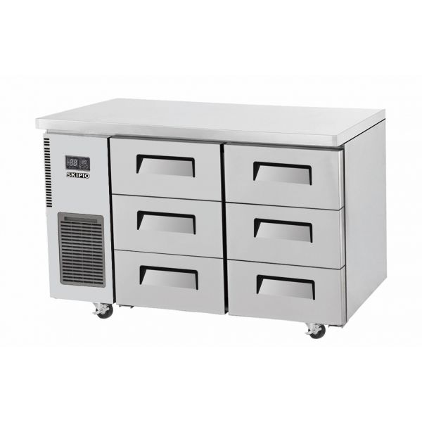 Stainless steel under counter fridge with six drawers and ventilation panel on left side.