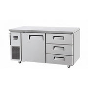 Stainless steel under counter fridge with one door and three drawers on casters.