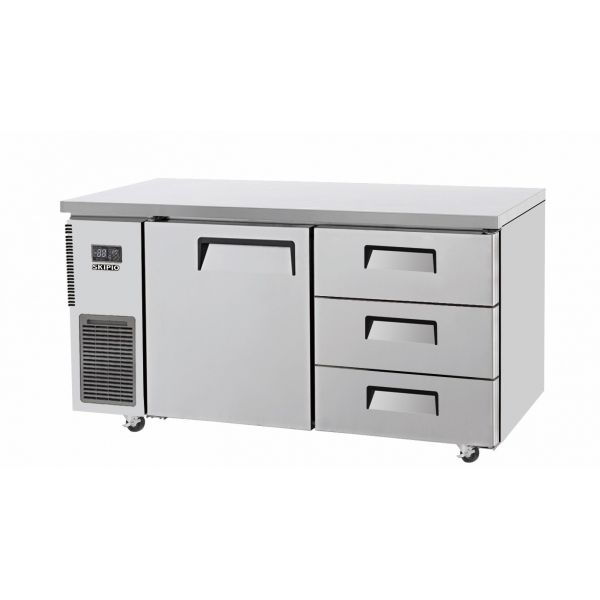 Stainless steel under counter fridge with one door and three drawers on casters.