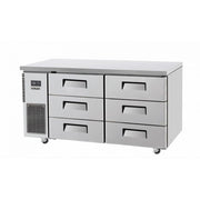 Stainless steel Skipio under counter fridge with six drawers and ventilation panel on left side.