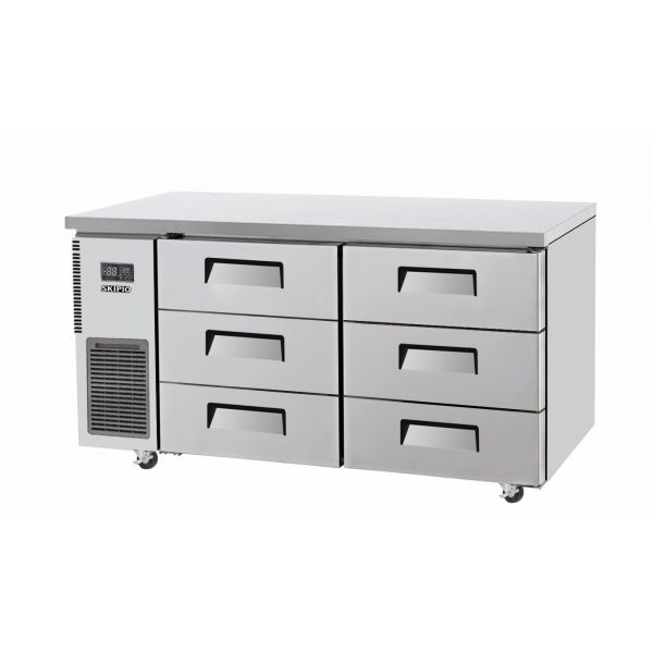 Stainless steel Skipio under counter fridge with six drawers and ventilation panel on left side.