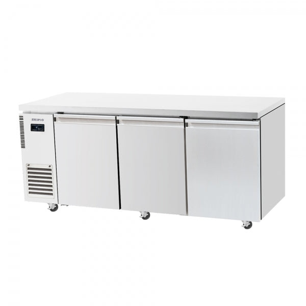 Under counter fridge with three solid white doors and stainless steel top on caster wheels.