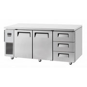 Stainless steel under-counter fridge with two doors and three drawers on caster wheels.